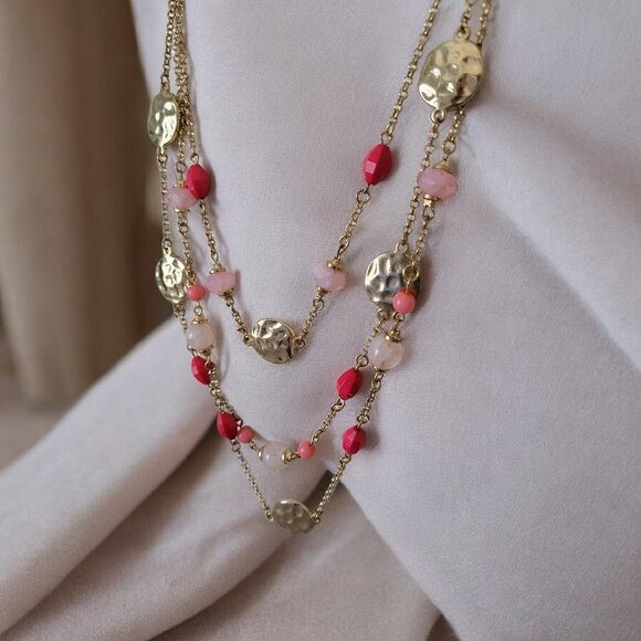 Gold Tone Multi Strand Necklace Pink Red Beads Hammered Discs Layered - Picture 3 of 5